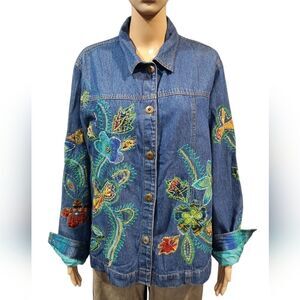 Coldwater Creek women's size 1X blue cotton denim embroidered artsy boho jacket